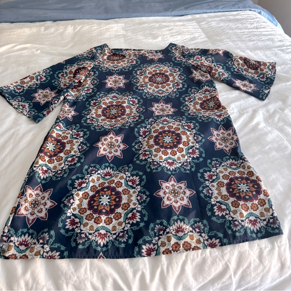 Mandala style tent dress, the smooth rayon slides right on. Retro gone boho,mini